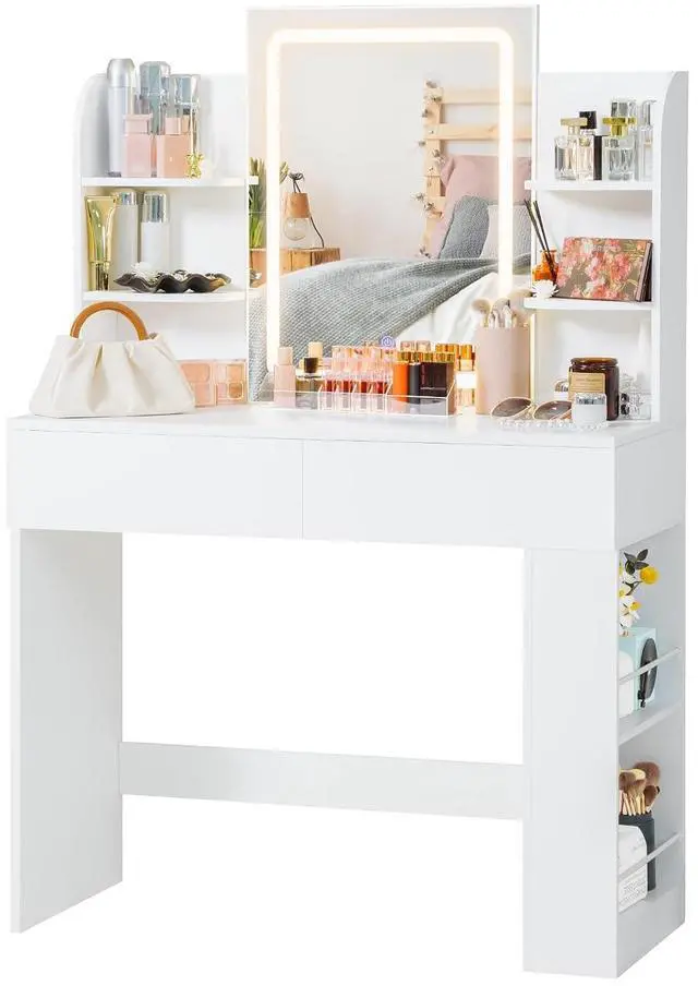 Main image of Makeup Vanity with Mirror and Lights, Vanity Desk with 3 Color Modes and Adjustable Light Brightness, Makeup Table with Storage Drawer, Open Shelves, and Side Storage (White, No Bench)