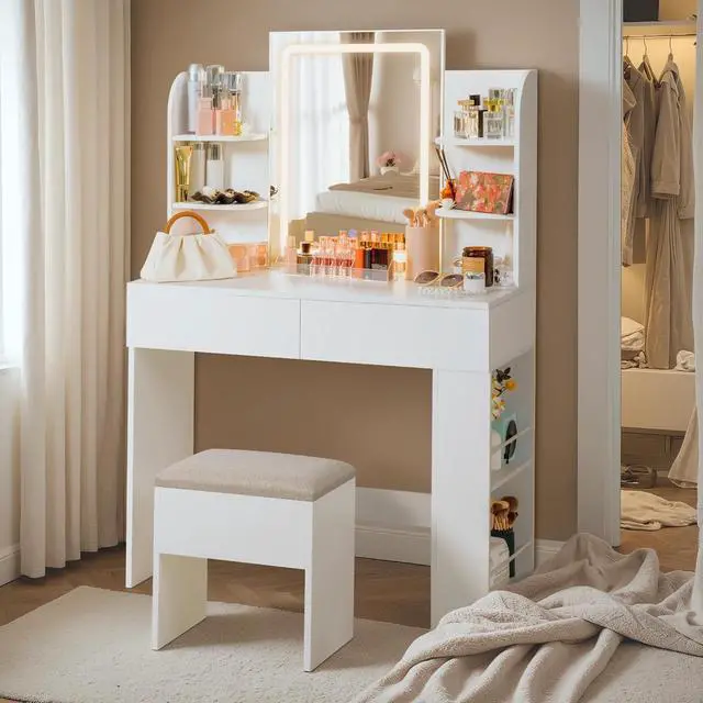 Alt view image 2 of 7 - Makeup Vanity with Mirror and Lights, Vanity Desk with 3 Color Modes and Adjustable Light Brightness, Makeup Table with Storage Drawer, Open Shelves, and Side Storage (White, No Bench)