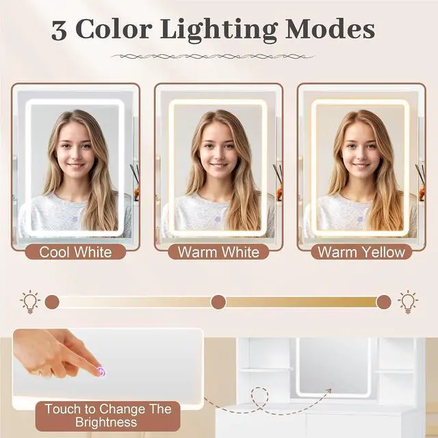 Alt view image 3 of 7 - Makeup Vanity with Mirror and Lights, Vanity Desk with 3 Color Modes and Adjustable Light Brightness, Makeup Table with Storage Drawer, Open Shelves, and Side Storage (White, No Bench)