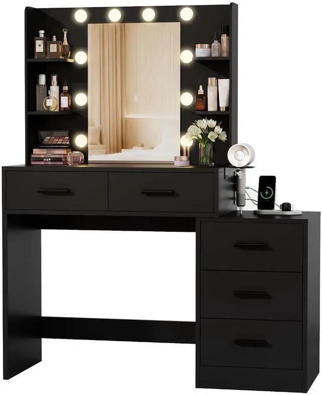 Main image of Makeup Vanity Desk with Mirror and Power Outlet, Vanity with 3 Color Light Options Adjustable Brightness, Vanity Table with 5 Drawers, 6 Storage Shelves, Nightstands (Black)