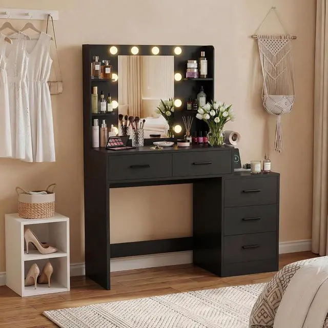 Alt view image 2 of 7 - Makeup Vanity Desk with Mirror and Power Outlet, Vanity with 3 Color Light Options Adjustable Brightness, Vanity Table with 5 Drawers, 6 Storage Shelves, Nightstands (Black)