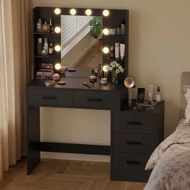 Alt view image 4 of 7 - Makeup Vanity Desk with Mirror and Power Outlet, Vanity with 3 Color Light Options Adjustable Brightness, Vanity Table with 5 Drawers, 6 Storage Shelves, Nightstands (Black)