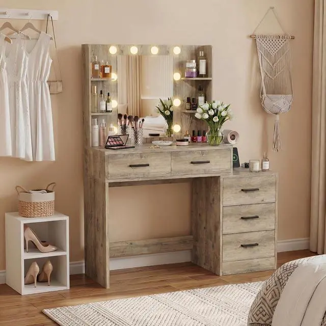 Alt view image 2 of 7 - Makeup Vanity Desk with Mirror and Power Outlet, Vanity with 3 Color Light Options Adjustable Brightness, Vanity Table with 5 Drawers, 6 Storage Shelves, Nightstands (Rustic Oak)
