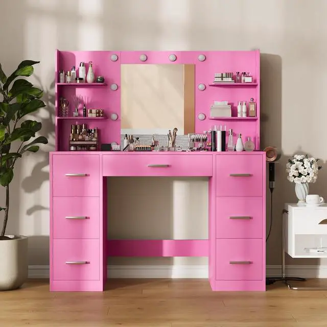 Alt view image 4 of 7 - Vanity Desk with Mirror, LED Lights and Power Outlet Makeup Vanity Table with 7 Drawers and 6 Storage Shelves Dressing Table for Bedroom Dressing Room (Pink)