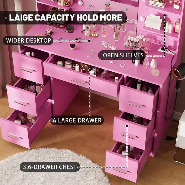 Alt view image 5 of 7 - Vanity Desk with Mirror, LED Lights and Power Outlet Makeup Vanity Table with 7 Drawers and 6 Storage Shelves Dressing Table for Bedroom Dressing Room (Pink)