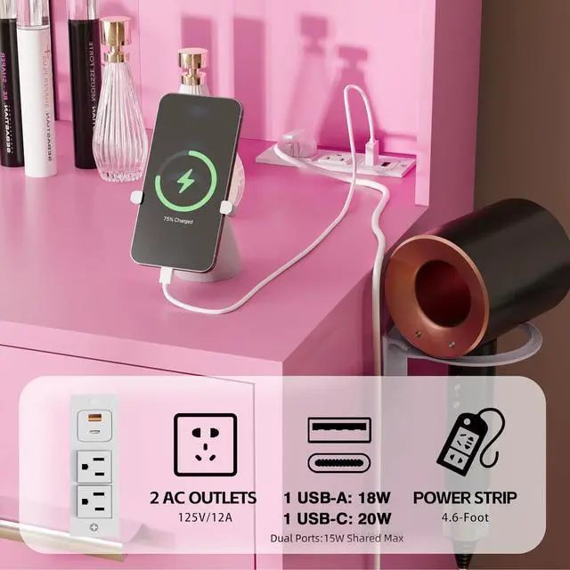 Alt view image 6 of 7 - Vanity Desk with Mirror, LED Lights and Power Outlet Makeup Vanity Table with 7 Drawers and 6 Storage Shelves Dressing Table for Bedroom Dressing Room (Pink)