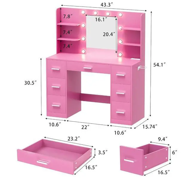 Alt view image 7 of 7 - Vanity Desk with Mirror, LED Lights and Power Outlet Makeup Vanity Table with 7 Drawers and 6 Storage Shelves Dressing Table for Bedroom Dressing Room (Pink)