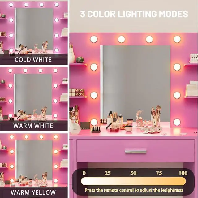 Alt view image 3 of 7 - Vanity Desk with Mirror, LED Lights and Power Outlet Makeup Vanity Table with 7 Drawers and 6 Storage Shelves Dressing Table for Bedroom Dressing Room (Pink)