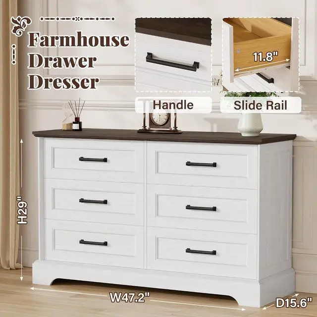 Alt view image 3 of 7 - Farmhouse Dresser for Bedroom, 6 Drawers Dresser, Wood Chest of Drawers, 47.2" Wide Storage Dressers Organizer for Bedroom, Living Room, White and Brown