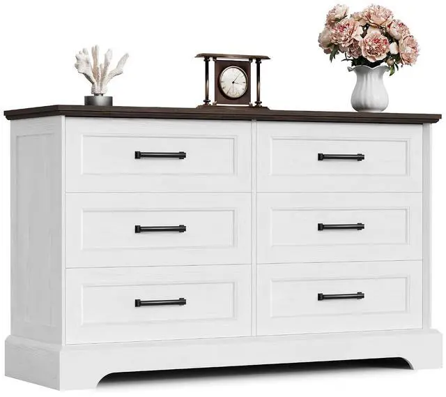 Main image of Farmhouse Dresser for Bedroom, 6 Drawers Dresser, Wood Chest of Drawers, 47.2" Wide Storage Dressers Organizer for Bedroom, Living Room, White and Brown