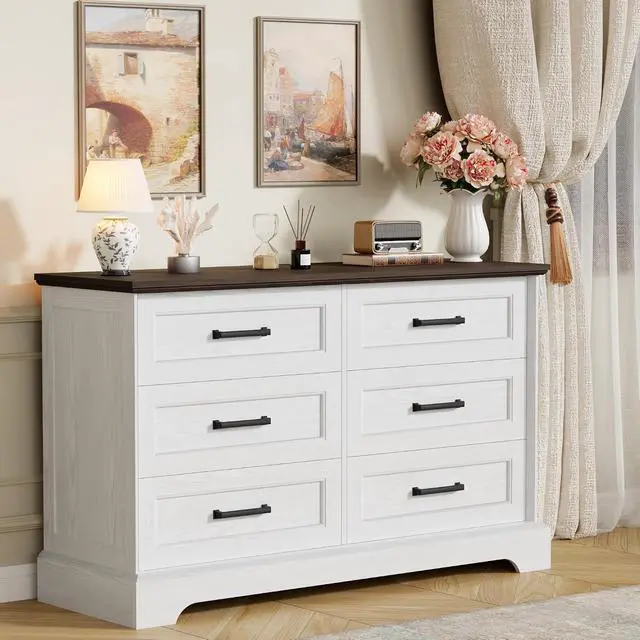 Alt view image 2 of 7 - Farmhouse Dresser for Bedroom, 6 Drawers Dresser, Wood Chest of Drawers, 47.2" Wide Storage Dressers Organizer for Bedroom, Living Room, White and Brown