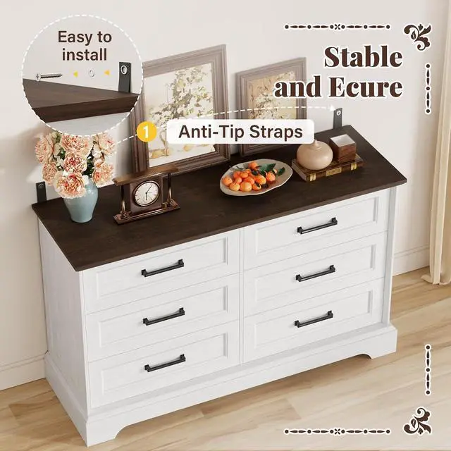 Alt view image 4 of 7 - Farmhouse Dresser for Bedroom, 6 Drawers Dresser, Wood Chest of Drawers, 47.2" Wide Storage Dressers Organizer for Bedroom, Living Room, White and Brown