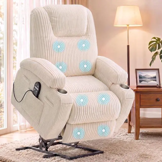 Main image of Power Lift Chair Massage Recliner Chairs for Elderly, Corduroy Ergonomic Design with Cup Holders & Side Pockets, Remote Control (White)