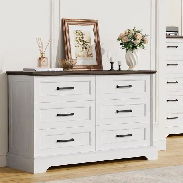 Alt view image 7 of 7 - Farmhouse Dresser for Bedroom, 6 Drawers Dresser, Wood Chest of Drawers, 47.2" Wide Storage Dressers Organizer for Bedroom, Living Room, White and Brown