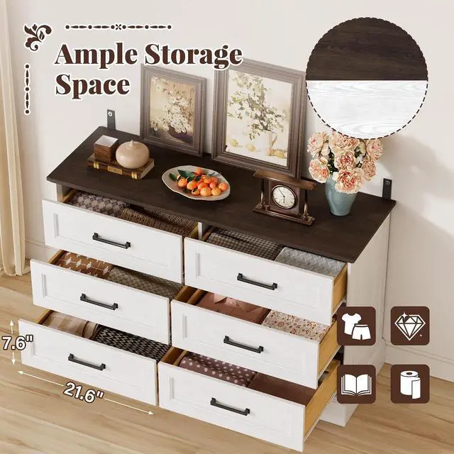 Alt view image 6 of 7 - Farmhouse Dresser for Bedroom, 6 Drawers Dresser, Wood Chest of Drawers, 47.2" Wide Storage Dressers Organizer for Bedroom, Living Room, White and Brown