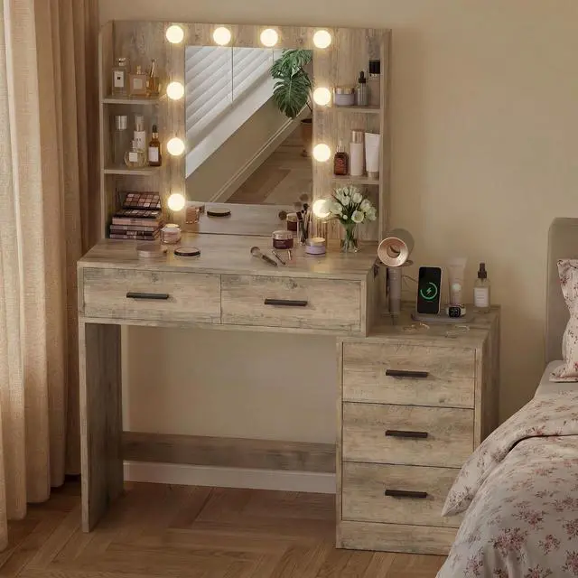 Alt view image 4 of 7 - Makeup Vanity Desk with Mirror and Power Outlet, Vanity with 3 Color Light Options Adjustable Brightness, Vanity Table with 5 Drawers, 6 Storage Shelves, Nightstands (Rustic Oak)