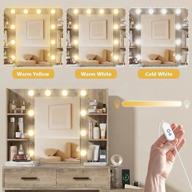 Alt view image 5 of 7 - Makeup Vanity Desk with Mirror and Power Outlet, Vanity with 3 Color Light Options Adjustable Brightness, Vanity Table with 5 Drawers, 6 Storage Shelves, Nightstands (Rustic Oak)