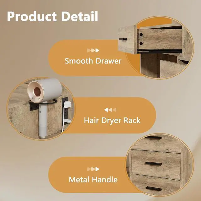 Alt view image 6 of 7 - Makeup Vanity Desk with Mirror and Power Outlet, Vanity with 3 Color Light Options Adjustable Brightness, Vanity Table with 5 Drawers, 6 Storage Shelves, Nightstands (Rustic Oak)