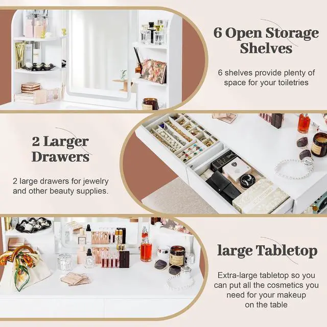Alt view image 6 of 7 - Makeup Vanity with Mirror and Lights, Vanity Desk with 3 Color Modes and Adjustable Light Brightness, Makeup Table with Storage Drawer, Open Shelves, and Side Storage (White, No Bench)