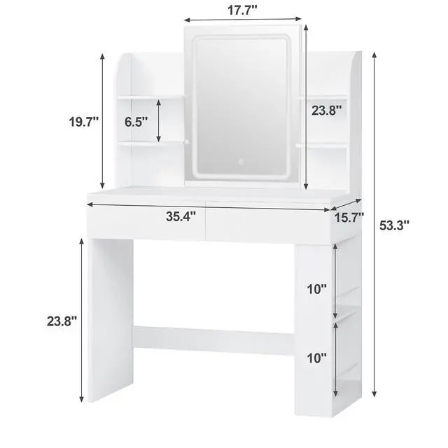 Alt view image 7 of 7 - Makeup Vanity with Mirror and Lights, Vanity Desk with 3 Color Modes and Adjustable Light Brightness, Makeup Table with Storage Drawer, Open Shelves, and Side Storage (White, No Bench)