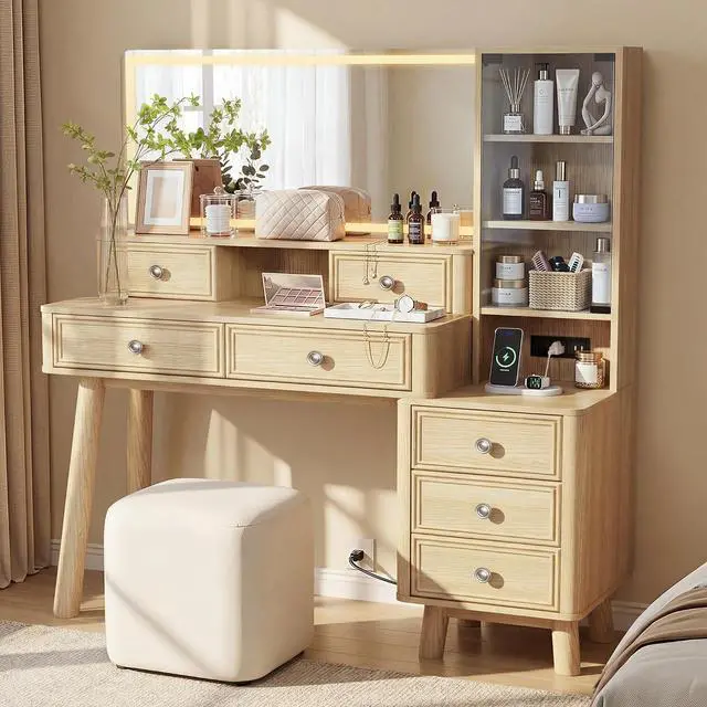 Main image of 48" Makeup Vanity Desk with Large Mirror and Lights,Big Wood Vanity Table with 5 DrawersGlass Storage Cabinet with Adjustable Shelves,Dressing Table with Charging Station for Bedroom (Oak)