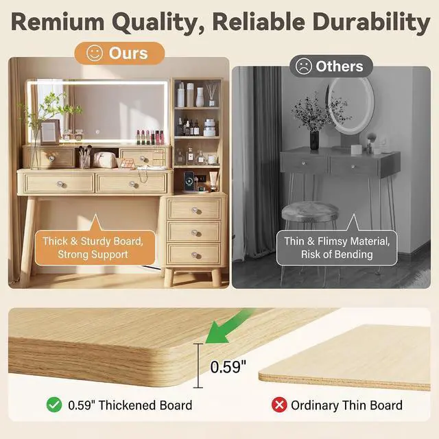 Alt view image 6 of 7 - 48" Makeup Vanity Desk with Large Mirror and Lights,Big Wood Vanity Table with 5 DrawersGlass Storage Cabinet with Adjustable Shelves,Dressing Table with Charging Station for Bedroom (Oak)