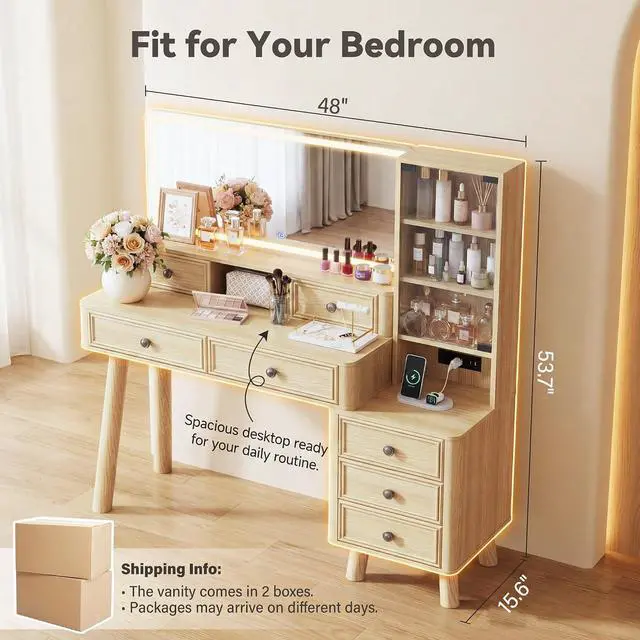 Alt view image 2 of 7 - 48" Makeup Vanity Desk with Large Mirror and Lights,Big Wood Vanity Table with 5 DrawersGlass Storage Cabinet with Adjustable Shelves,Dressing Table with Charging Station for Bedroom (Oak)