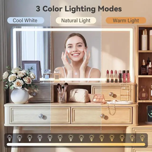 Alt view image 5 of 7 - 48" Makeup Vanity Desk with Large Mirror and Lights,Big Wood Vanity Table with 5 DrawersGlass Storage Cabinet with Adjustable Shelves,Dressing Table with Charging Station for Bedroom (Oak)
