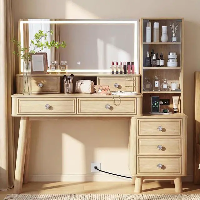 Alt view image 3 of 7 - 48" Makeup Vanity Desk with Large Mirror and Lights,Big Wood Vanity Table with 5 DrawersGlass Storage Cabinet with Adjustable Shelves,Dressing Table with Charging Station for Bedroom (Oak)