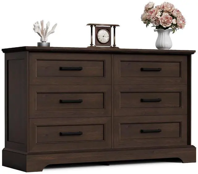 Main image of Farmhouse Dresser for Bedroom, 6 Drawers Dresser, Wood Chest of Drawers, 47.2" Wide Storage Dressers Organizer for Bedroom, Living Room, Dark Brown