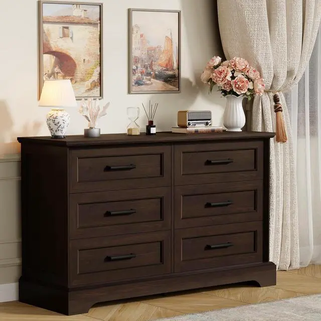 Alt view image 2 of 7 - Farmhouse Dresser for Bedroom, 6 Drawers Dresser, Wood Chest of Drawers, 47.2" Wide Storage Dressers Organizer for Bedroom, Living Room, Dark Brown