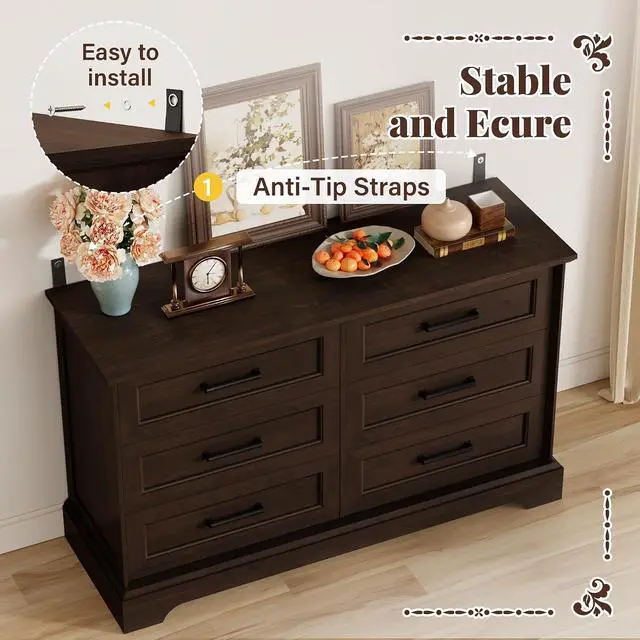Alt view image 5 of 7 - Farmhouse Dresser for Bedroom, 6 Drawers Dresser, Wood Chest of Drawers, 47.2" Wide Storage Dressers Organizer for Bedroom, Living Room, Dark Brown