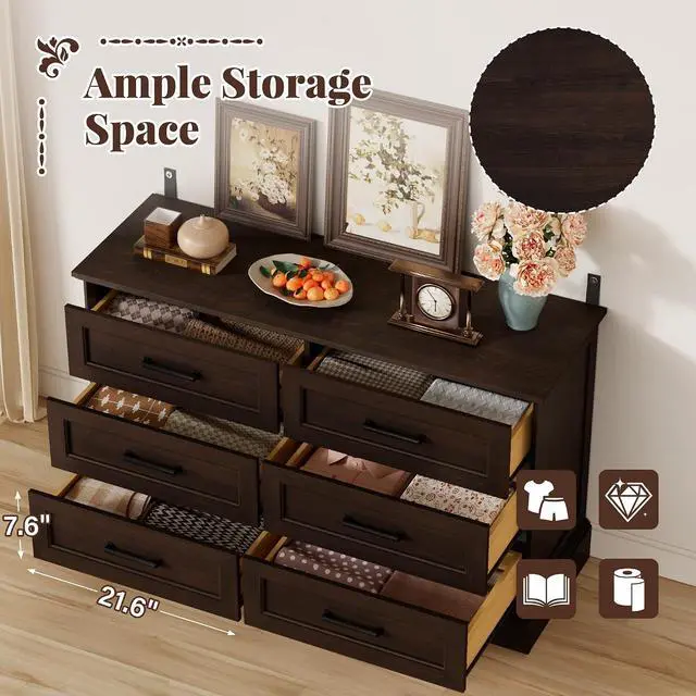 Alt view image 3 of 7 - Farmhouse Dresser for Bedroom, 6 Drawers Dresser, Wood Chest of Drawers, 47.2" Wide Storage Dressers Organizer for Bedroom, Living Room, Dark Brown