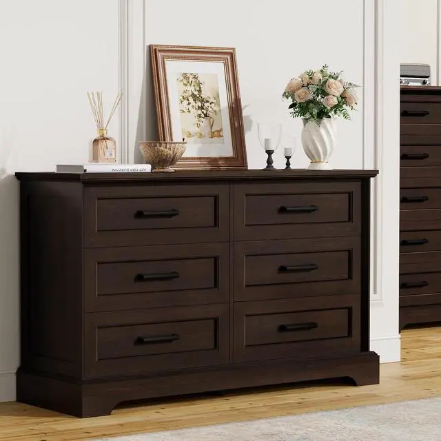 Alt view image 6 of 7 - Farmhouse Dresser for Bedroom, 6 Drawers Dresser, Wood Chest of Drawers, 47.2" Wide Storage Dressers Organizer for Bedroom, Living Room, Dark Brown