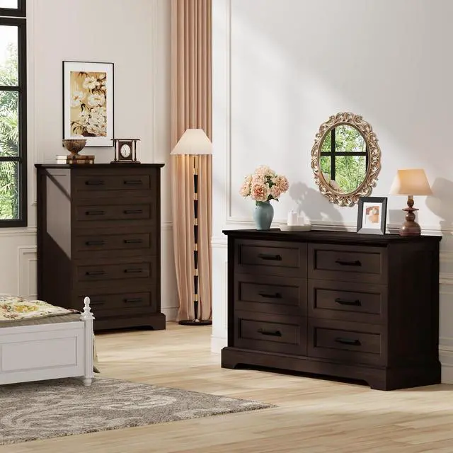 Alt view image 7 of 7 - Farmhouse Dresser for Bedroom, 6 Drawers Dresser, Wood Chest of Drawers, 47.2" Wide Storage Dressers Organizer for Bedroom, Living Room, Dark Brown