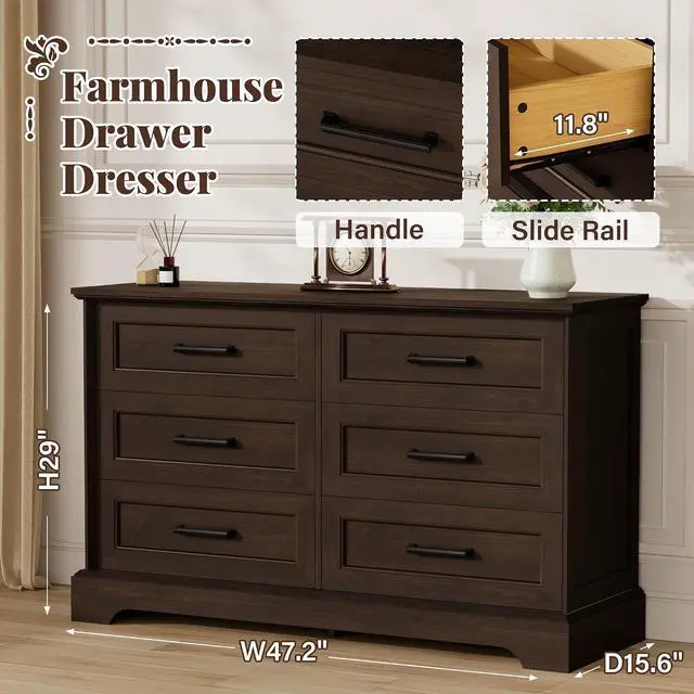 Alt view image 4 of 7 - Farmhouse Dresser for Bedroom, 6 Drawers Dresser, Wood Chest of Drawers, 47.2" Wide Storage Dressers Organizer for Bedroom, Living Room, Dark Brown