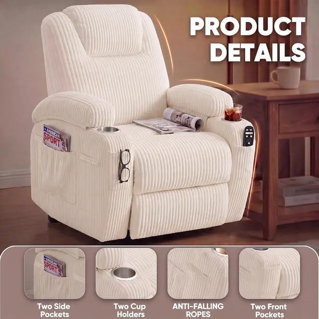 Alt view image 7 of 7 - Power Lift Chair Massage Recliner Chairs for Elderly, Corduroy Ergonomic Design with Cup Holders & Side Pockets, Remote Control (White)