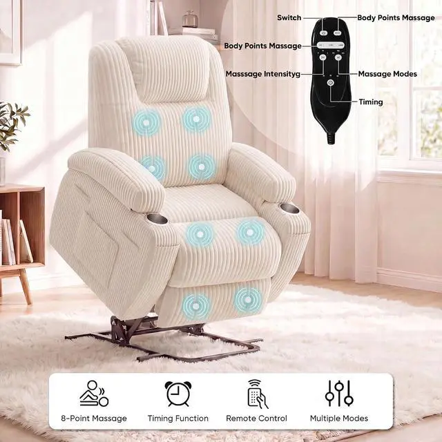 Alt view image 5 of 7 - Power Lift Chair Massage Recliner Chairs for Elderly, Corduroy Ergonomic Design with Cup Holders & Side Pockets, Remote Control (White)
