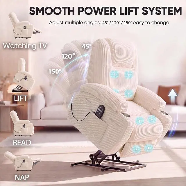 Alt view image 4 of 7 - Power Lift Chair Massage Recliner Chairs for Elderly, Corduroy Ergonomic Design with Cup Holders & Side Pockets, Remote Control (White)