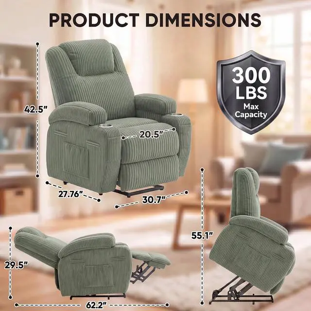 Alt view image 2 of 7 - Power Lift Chair Massage Recliner Chairs for Elderly, Corduroy Ergonomic Design with Cup Holders & Side Pockets, Remote Control (Green)