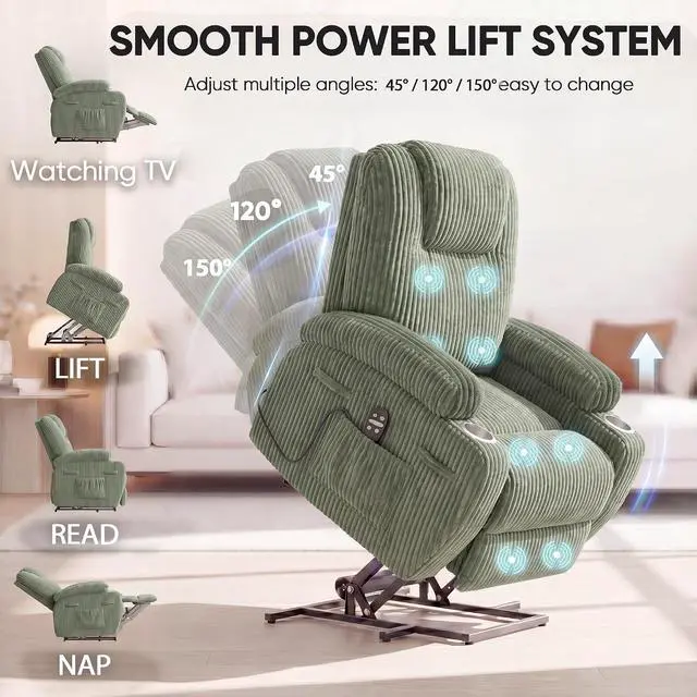 Alt view image 4 of 7 - Power Lift Chair Massage Recliner Chairs for Elderly, Corduroy Ergonomic Design with Cup Holders & Side Pockets, Remote Control (Green)