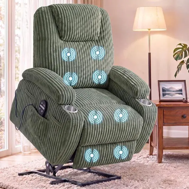 Main image of Power Lift Chair Massage Recliner Chairs for Elderly, Corduroy Ergonomic Design with Cup Holders & Side Pockets, Remote Control (Green)