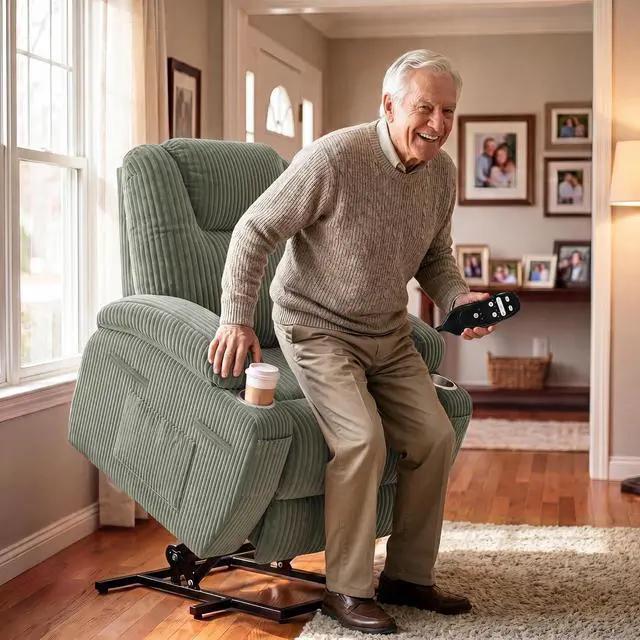 Alt view image 3 of 7 - Power Lift Chair Massage Recliner Chairs for Elderly, Corduroy Ergonomic Design with Cup Holders & Side Pockets, Remote Control (Green)