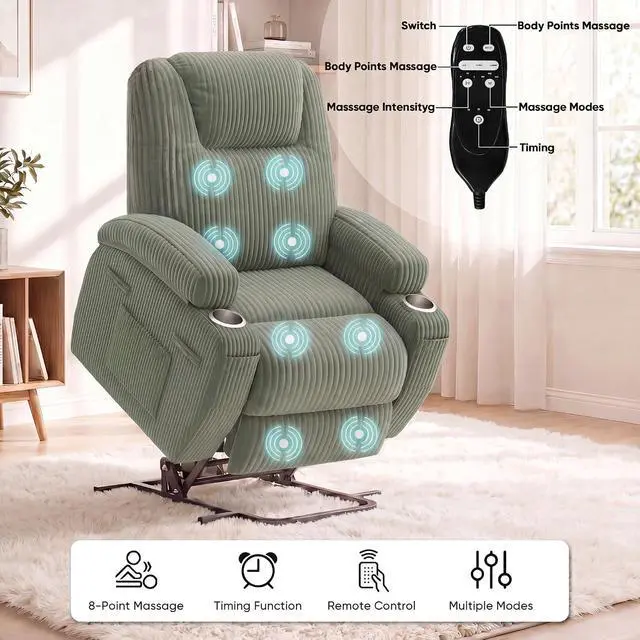 Alt view image 5 of 7 - Power Lift Chair Massage Recliner Chairs for Elderly, Corduroy Ergonomic Design with Cup Holders & Side Pockets, Remote Control (Green)