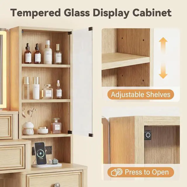 Alt view image 7 of 7 - 48" Makeup Vanity Desk with Large Mirror and Lights,Big Wood Vanity Table with 5 DrawersGlass Storage Cabinet with Adjustable Shelves,Dressing Table with Charging Station for Bedroom (Oak)