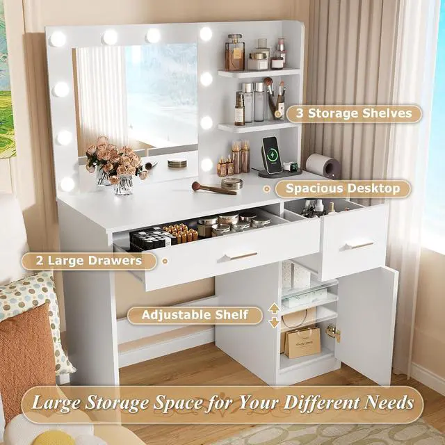 Alt view image 3 of 7 - Vanity Desk with Lighted Mirror 3 Modes & Power Outlets, Makeup Vanity Table with Drawers, Cabinet and Open Shelves, for Bedroom & Dressing Room (White)