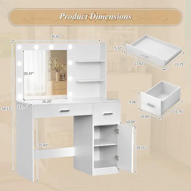 Alt view image 6 of 7 - Vanity Desk with Lighted Mirror 3 Modes & Power Outlets, Makeup Vanity Table with Drawers, Cabinet and Open Shelves, for Bedroom & Dressing Room (White)