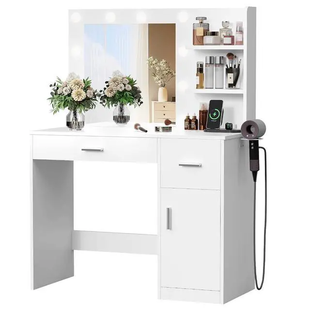 Alt view image 7 of 7 - Vanity Desk with Lighted Mirror 3 Modes & Power Outlets, Makeup Vanity Table with Drawers, Cabinet and Open Shelves, for Bedroom & Dressing Room (White)