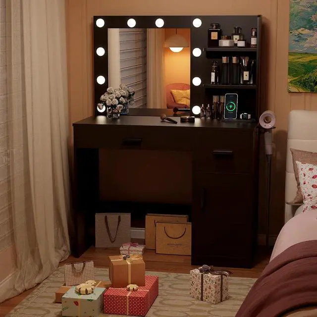 Alt view image 2 of 7 - Vanity Desk with Lighted Mirror 3 Modes & Power Outlets, Makeup Vanity Table with Drawers, Cabinet and Open Shelves, for Bedroom & Dressing Room (Black)