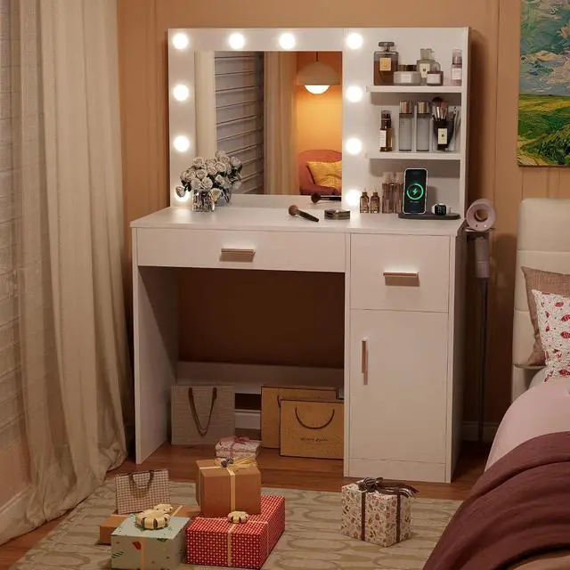 Alt view image 2 of 7 - Vanity Desk with Lighted Mirror 3 Modes & Power Outlets, Makeup Vanity Table with Drawers, Cabinet and Open Shelves, for Bedroom & Dressing Room (White)